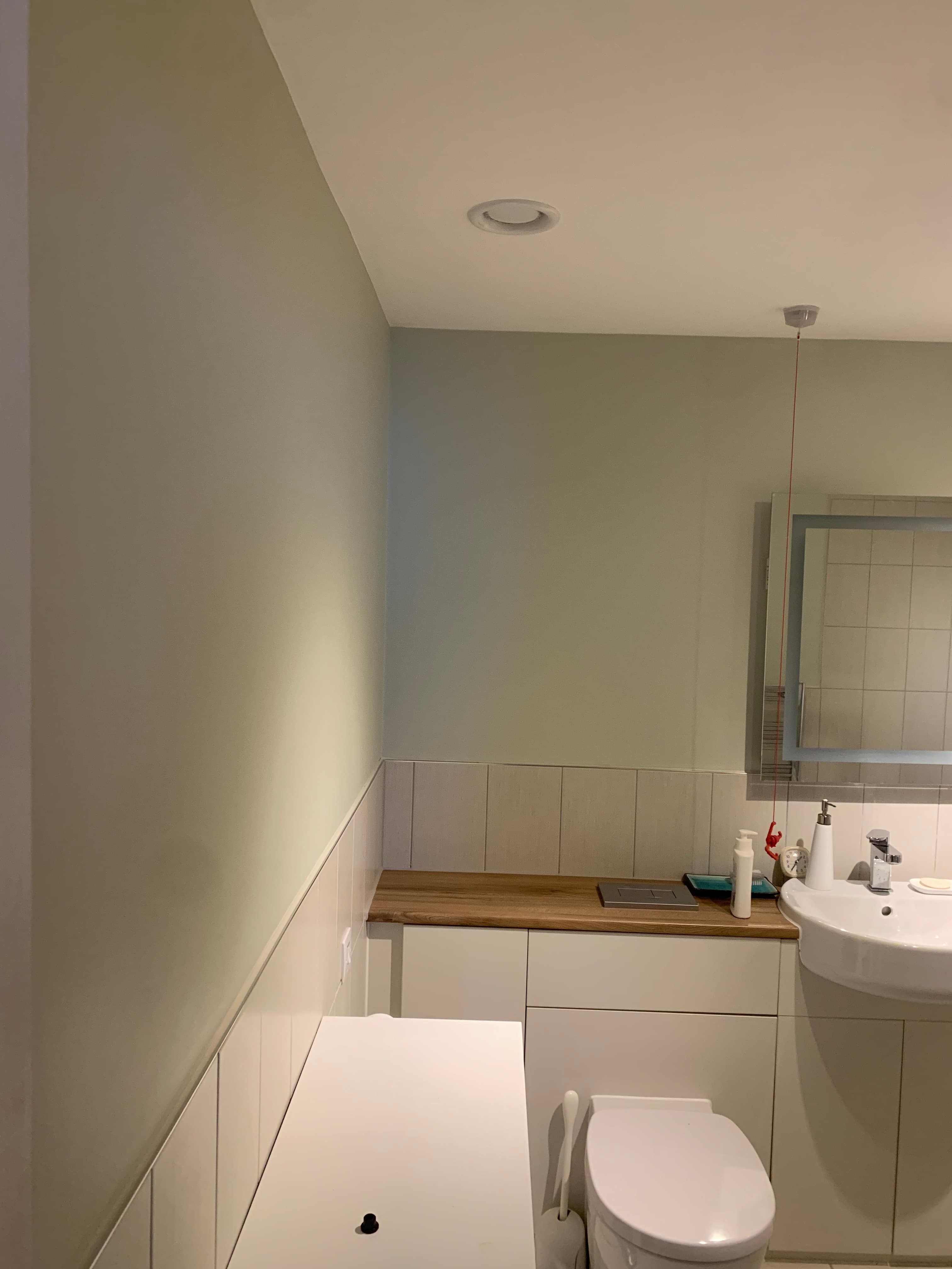Modern bathroom with light green walls, white fixtures, wooden countertop, and red pull cord.